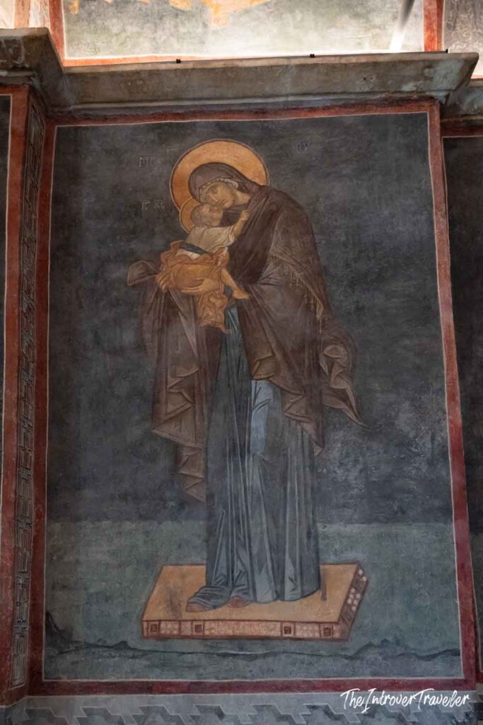 Byzantine fresco of the Virgin Mary holding Christ Child at Chora Church, Istanbul