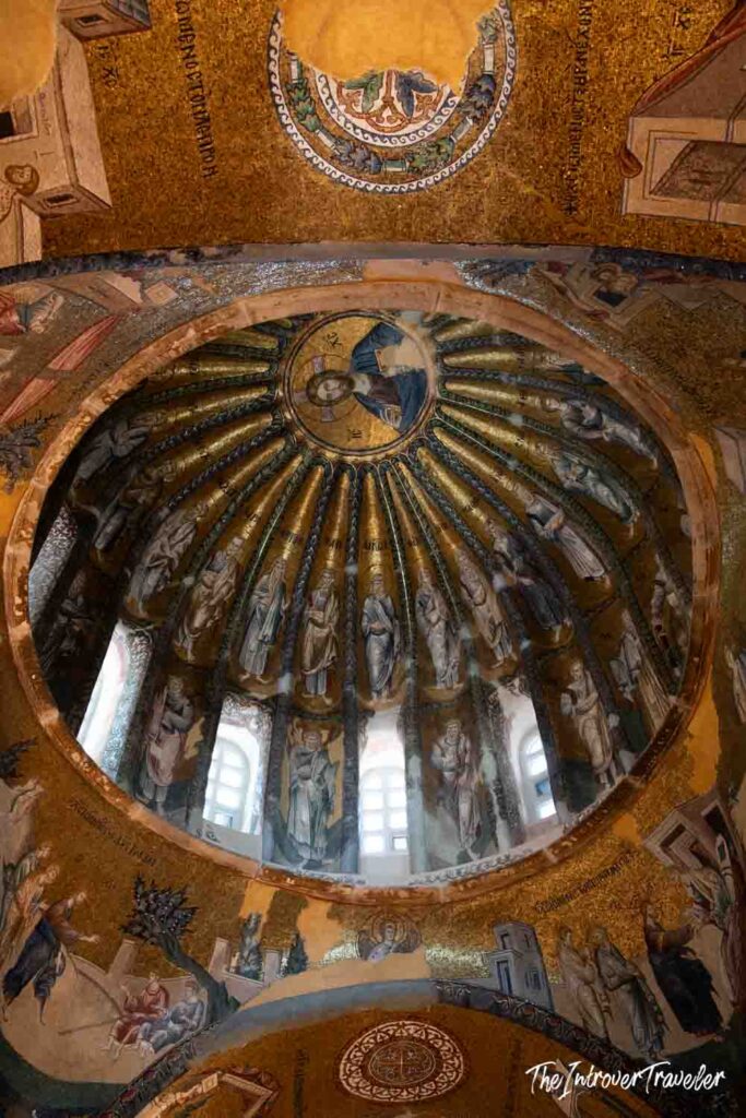 Golden Byzantine dome mosaic at Chora Church in Istanbul, featuring Christ Pantocrator at the apex