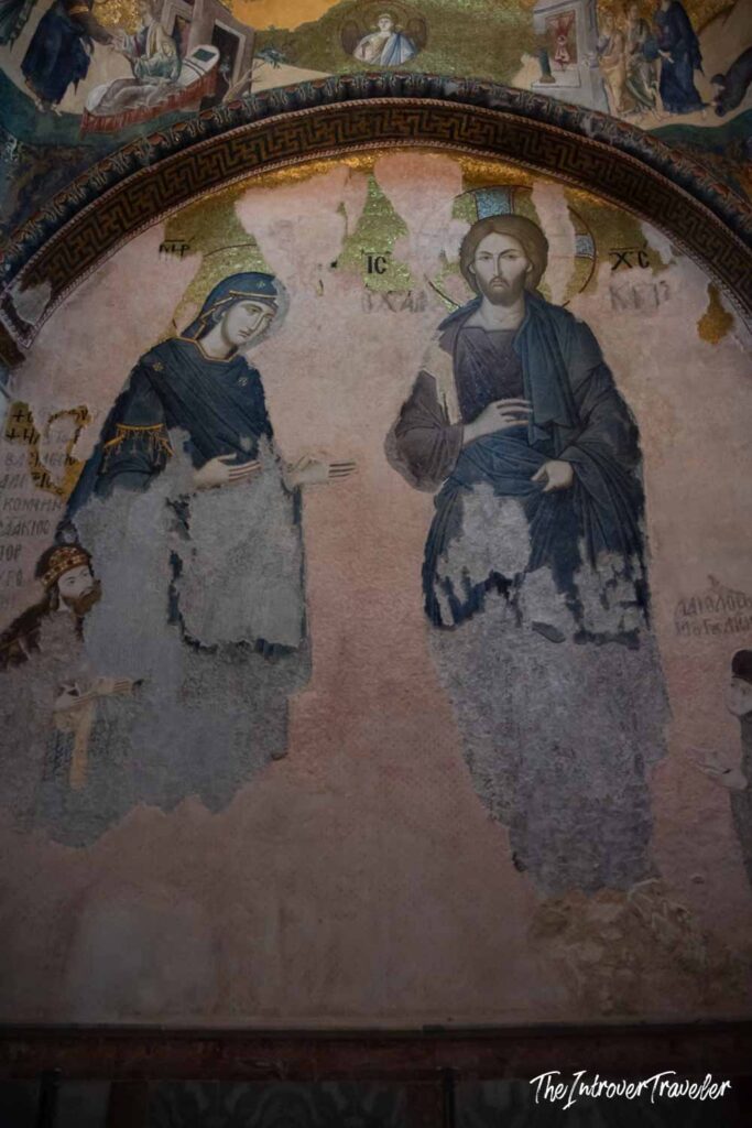 Partially damaged Byzantine fresco of Virgin Mary and Christ at Chora Church, Istanbul