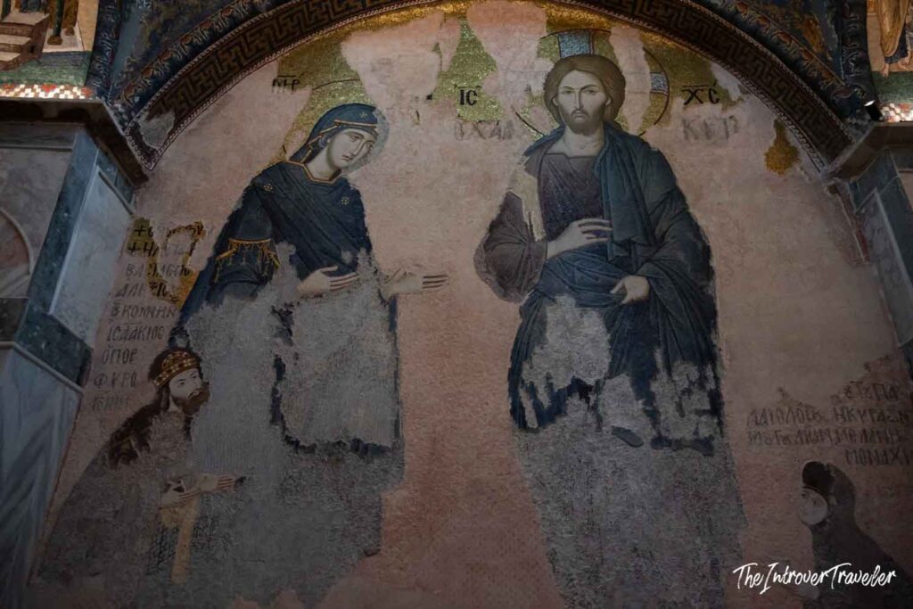 Byzantine mosaic of the Virgin Mary and Christ at Chora Church, Istanbul, with Greek inscriptions