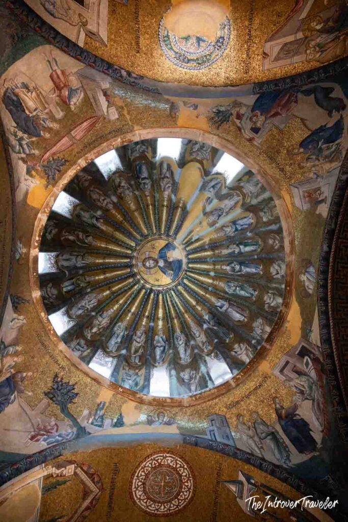 Byzantine mosaic dome of the Chora Church (Kariye Mosque) in Istanbul, showing Christ at center