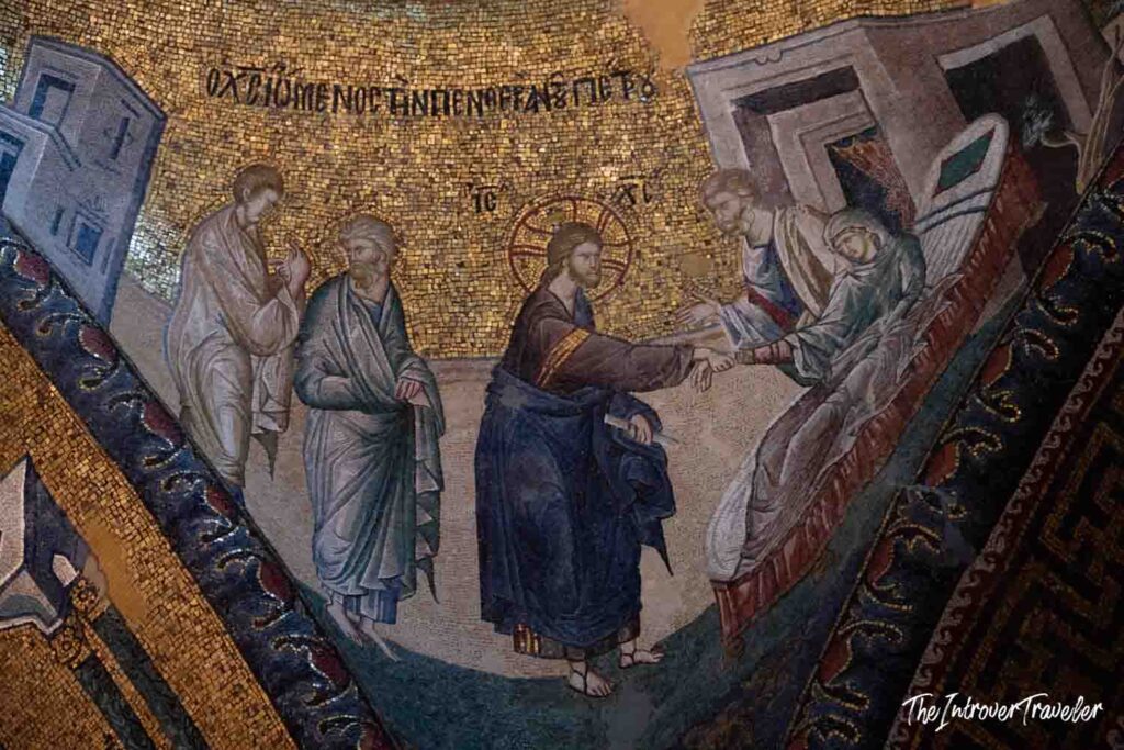 Byzantine mosaic of Christ healing the sick, Chora Church Istanbul, gold tessera background