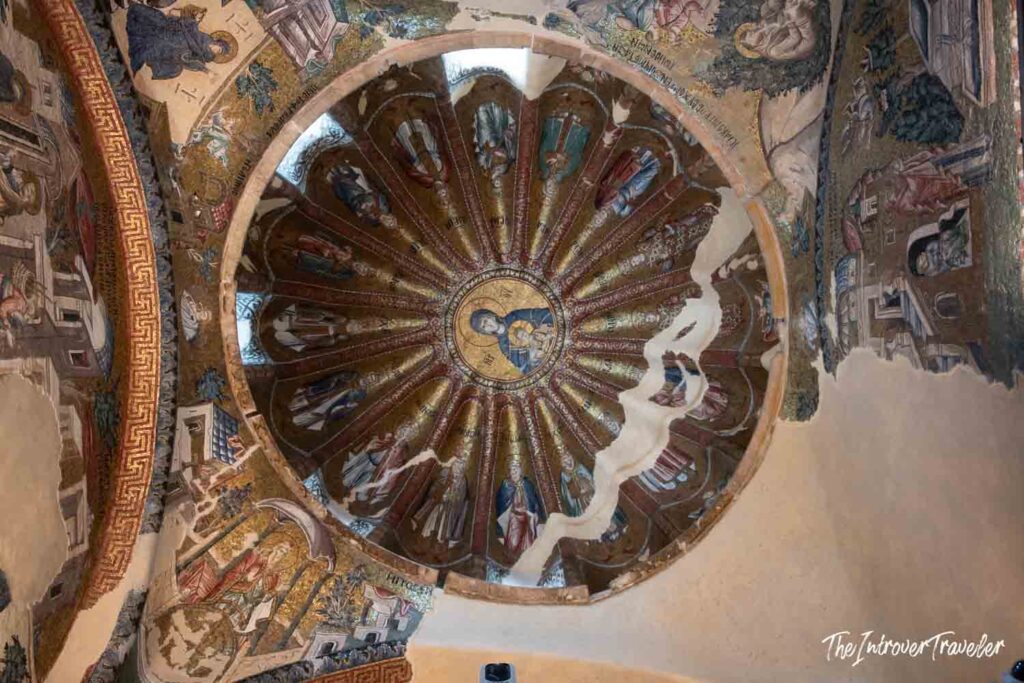Byzantine dome mosaic at Chora Church, Istanbul, featuring the Virgin Mary at its golden center