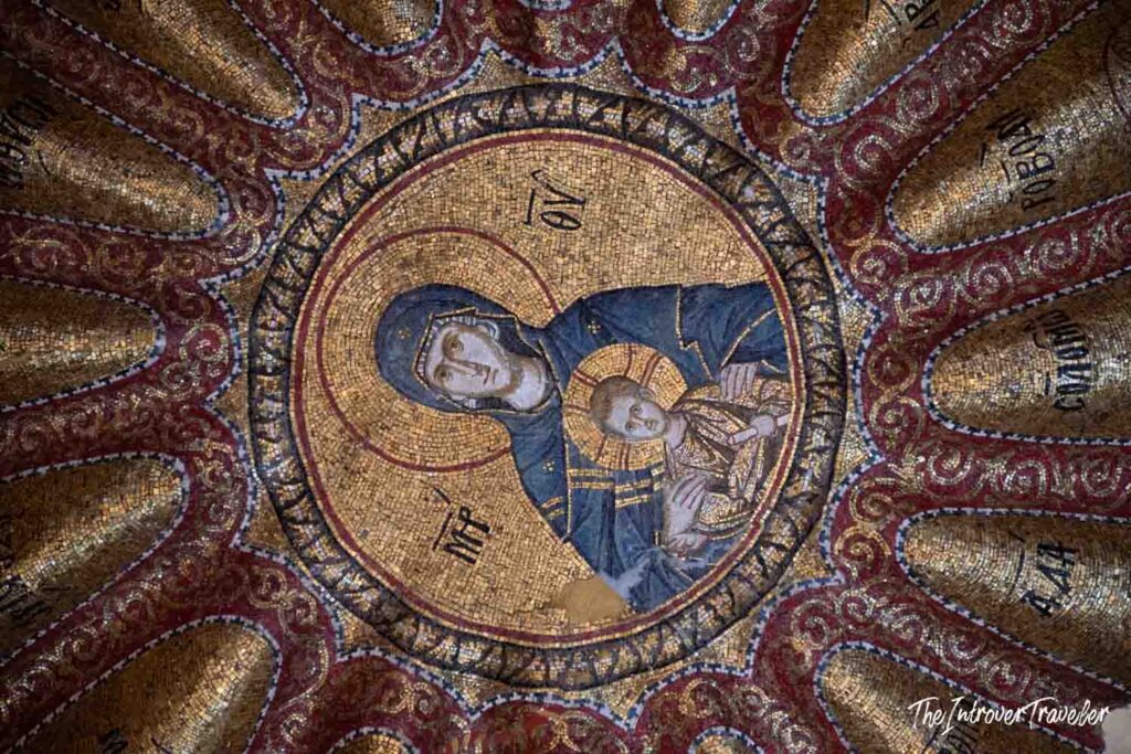 Byzantine ceiling mosaic of the Virgin Mary and Christ Child at Chora Church, Istanbul