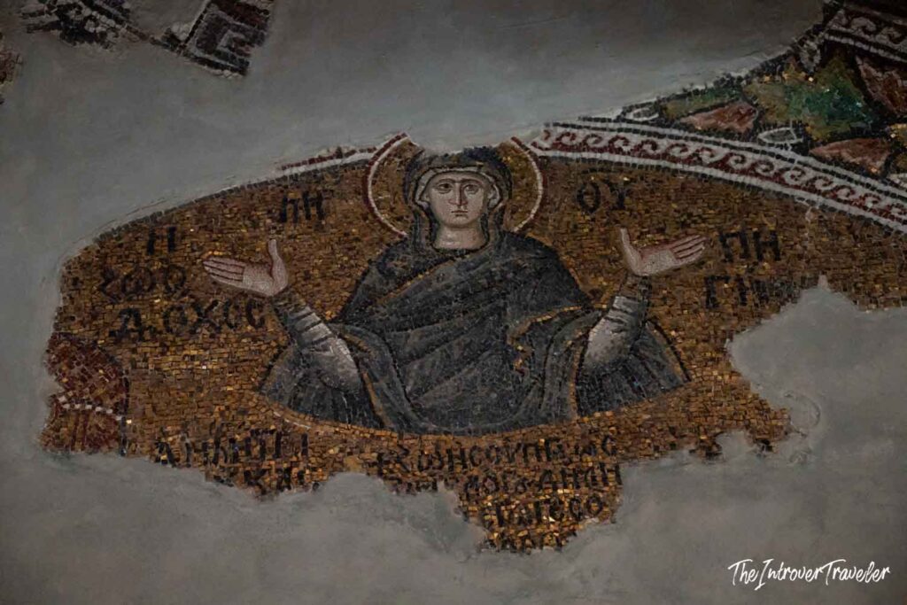 Byzantine mosaic of the Virgin Orans with gold halo at Saint Savior in Chora, Istanbul