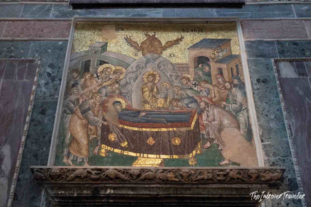 Dormition of the Virgin mosaic with gold background at Saint Savior in Chora, Istanbul