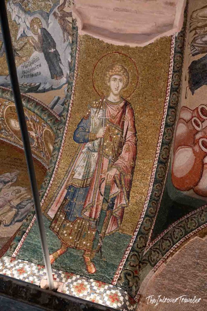 Byzantine mosaic of a haloed saint in gold tesserae, Chora Church, Istanbul