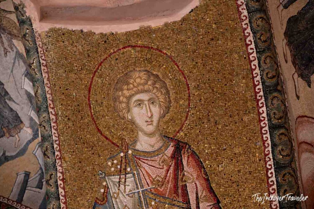 Byzantine mosaic of a haloed saint at Chora Church, Istanbul, with gold tesserae background