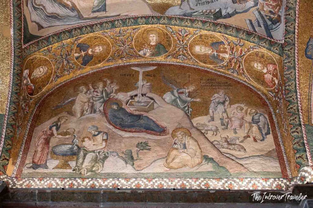 Byzantine mosaic of the Nativity scene with gold background at Saint Savior in Chora, Istanbul