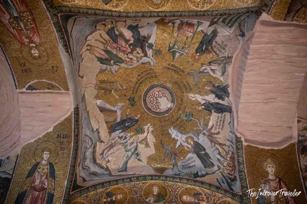 Byzantine ceiling mosaic at Chora Church Istanbul, showing the Anastasis dome with golden background