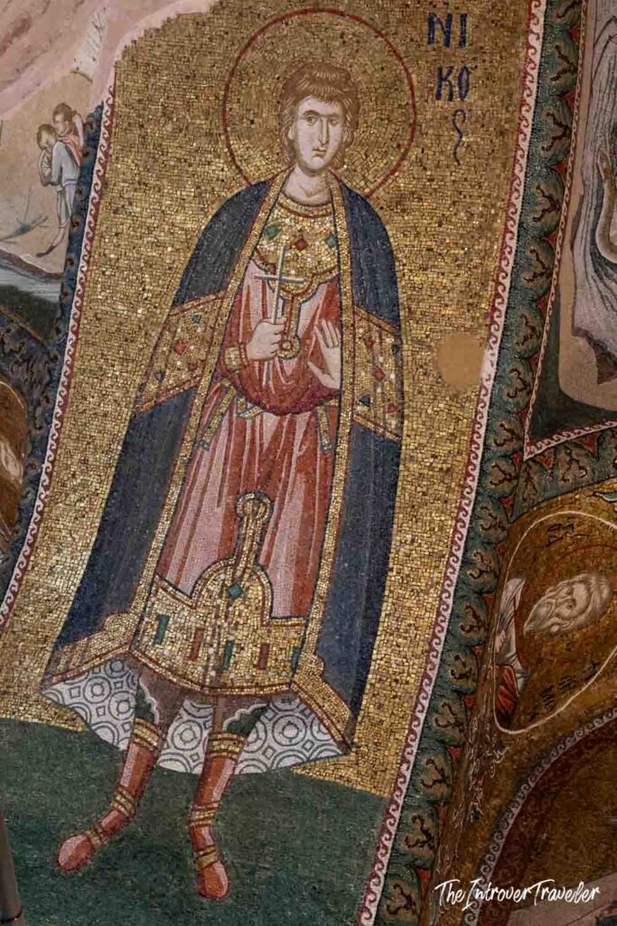 Byzantine gold mosaic of Saint Nikos with halo at Chora Church, Istanbul