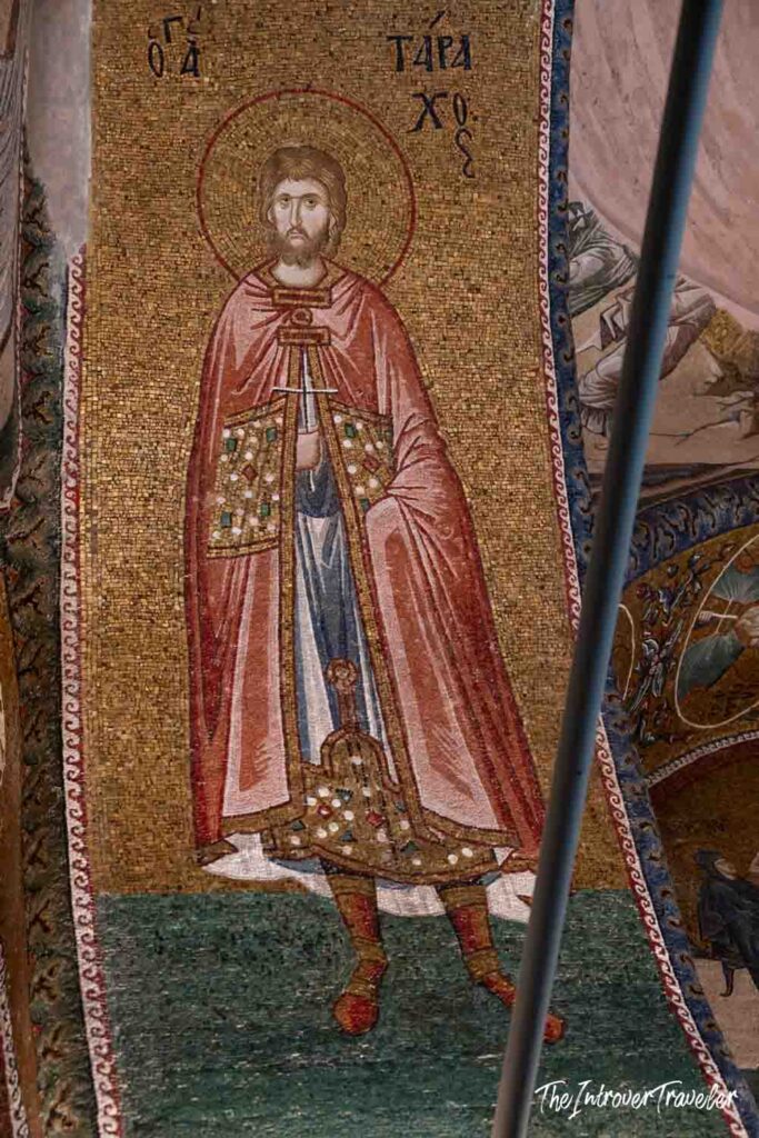Byzantine mosaic of Saint Tarachos with golden halo and red cloak, Chora Church, Istanbul