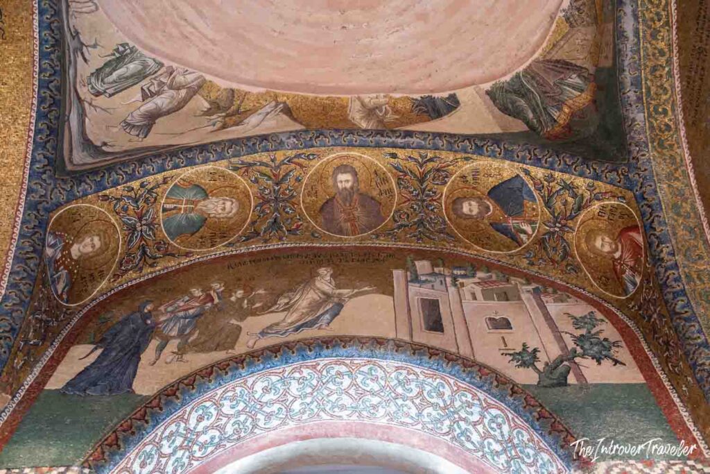 Byzantine gold mosaic ceiling with biblical scenes and saint medallions at Saint Savior in Chora, Istanbul
