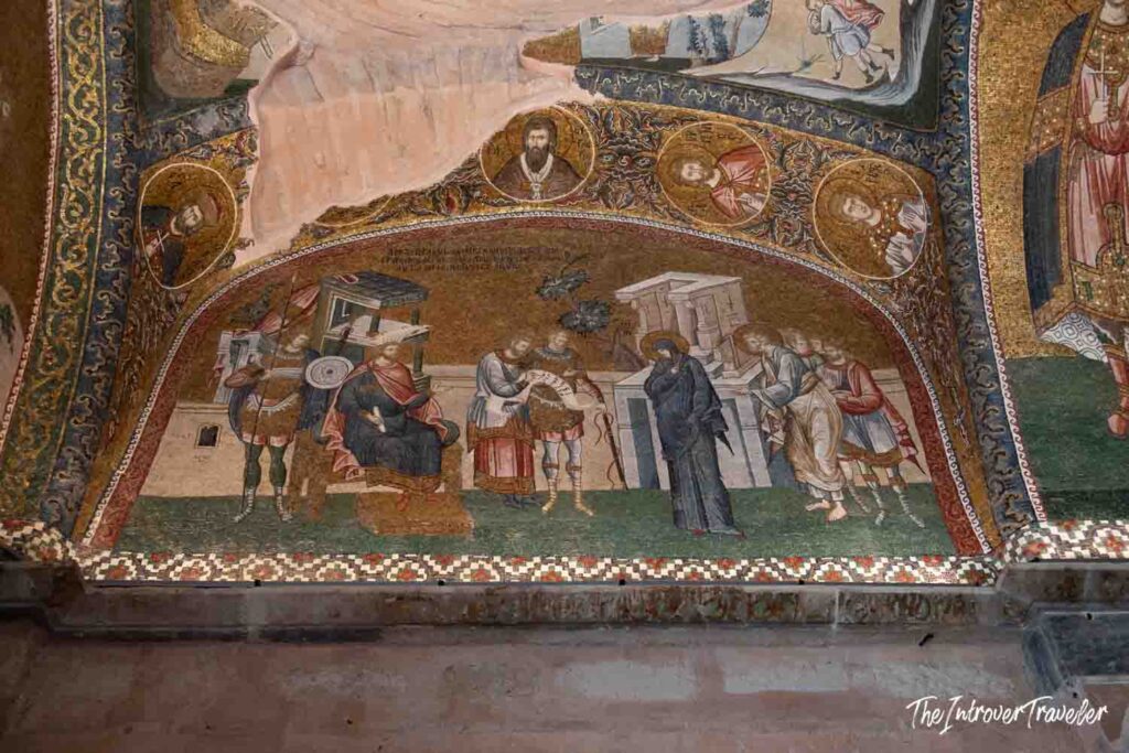 Byzantine mosaic scene with saints and figures on gold background, Chora Church Istanbul