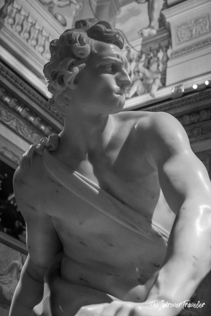 Close-up of Bernini's David marble sculpture at the Borghese Gallery, Rome, capturing his intense gaze and coiled torso.