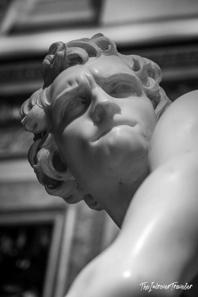 Close-up of Bernini's David face, capturing fierce concentration at the Borghese Gallery, Rome