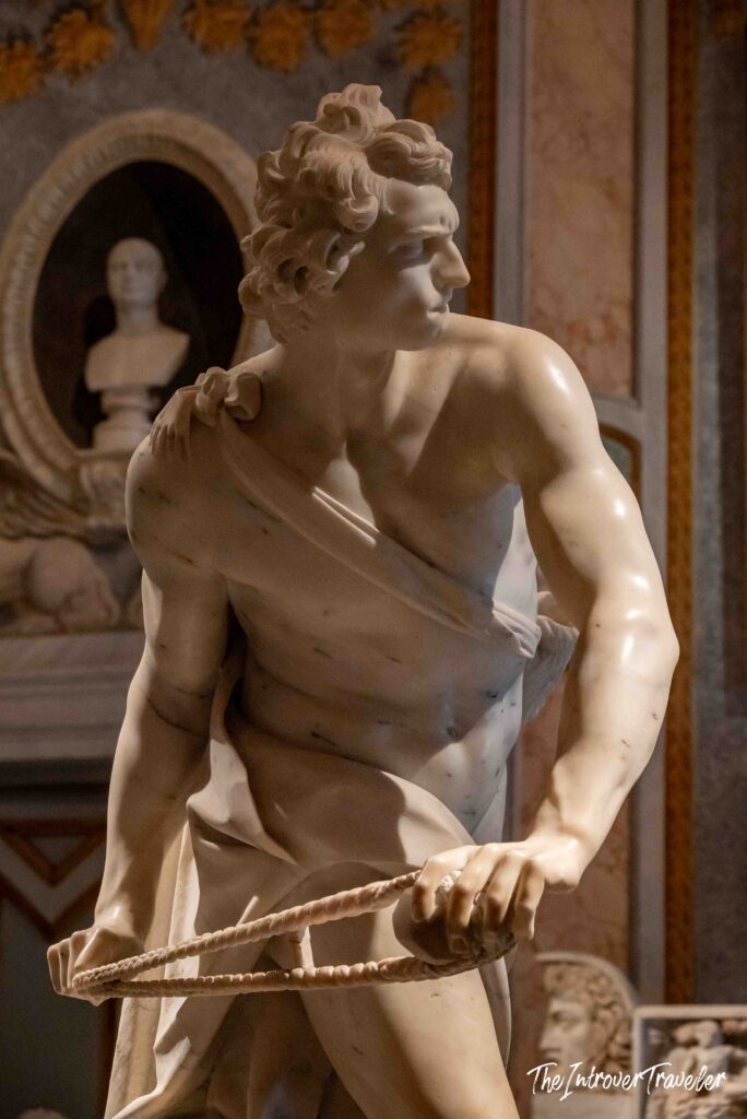 Bernini's David marble sculpture at the Borghese Gallery, Rome, caught mid-sling motion