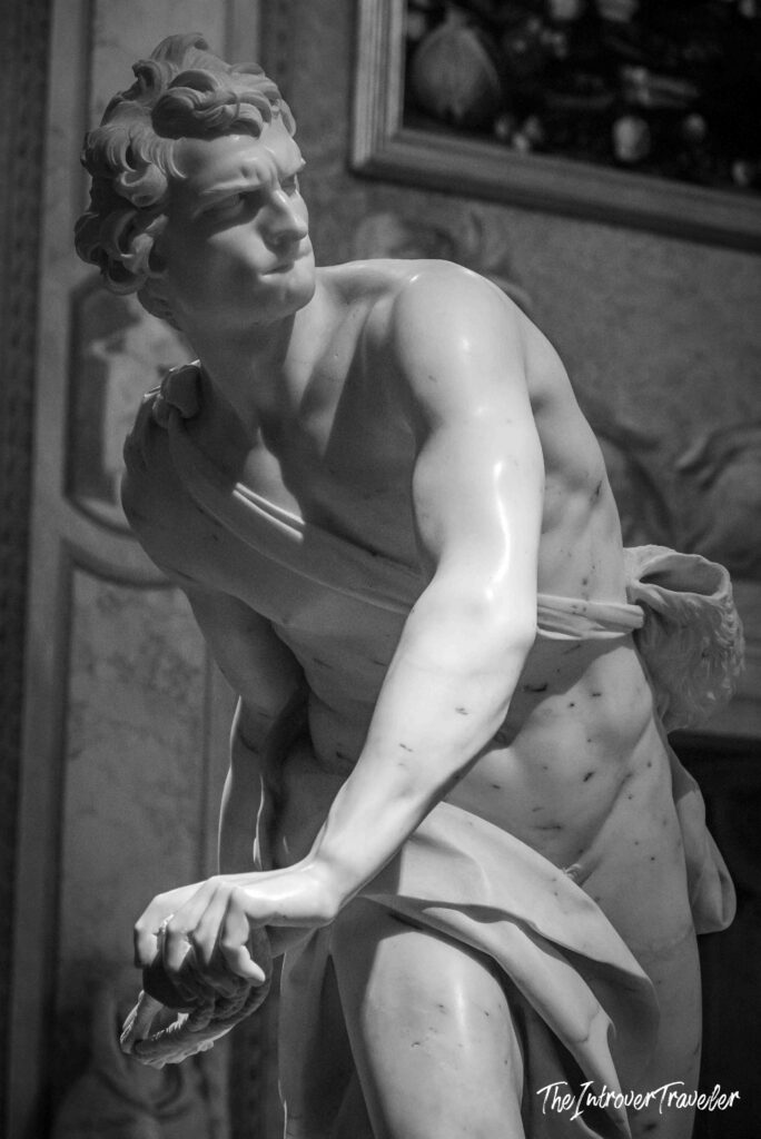 Bernini's David at Borghese Gallery, Rome, caught mid-twist with sling and intense focused gaze