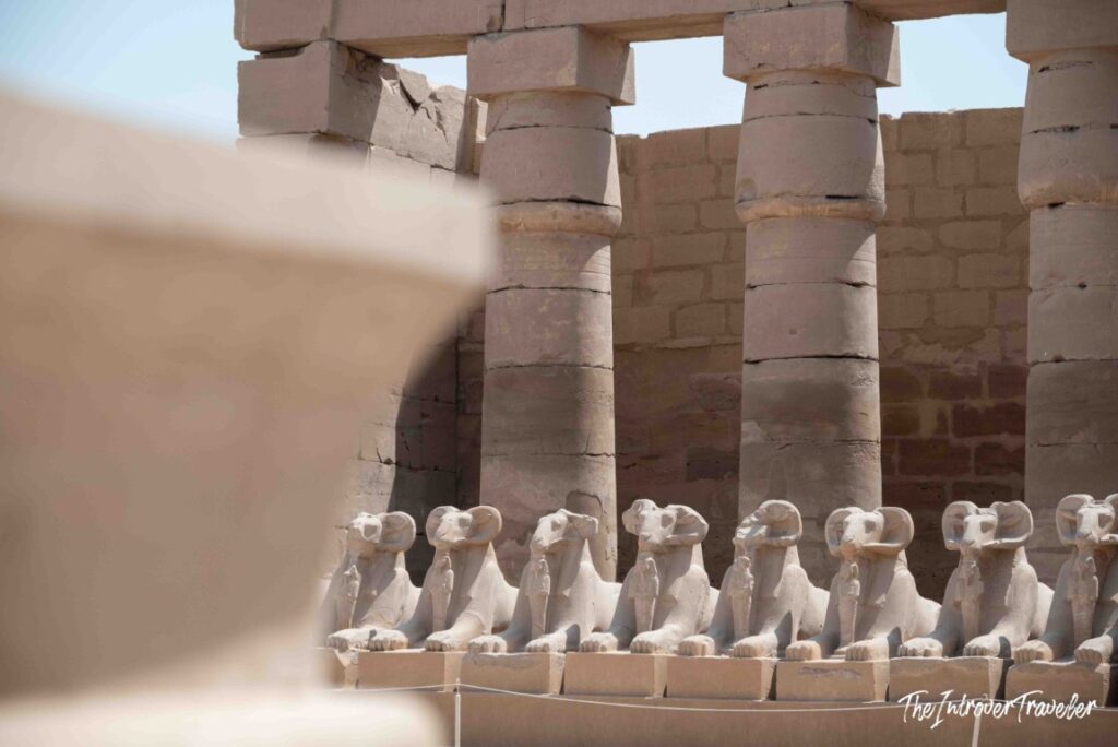 Row of ram-headed sphinx statues lining the avenue at Karnak Temple Complex, Luxor, Egypt