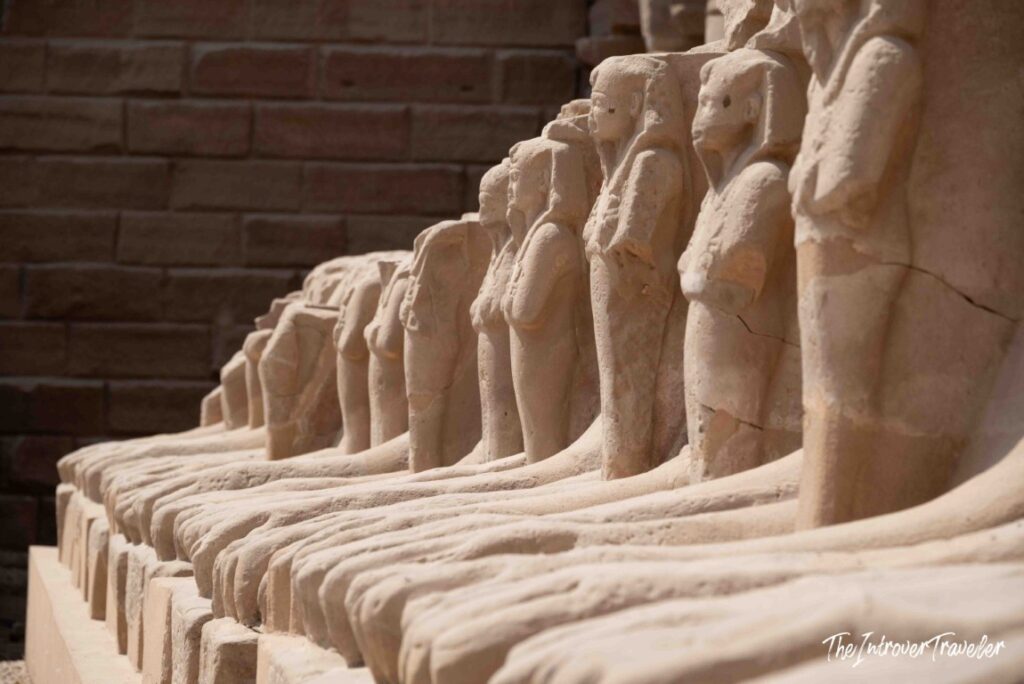 Row of human-headed sphinxes lining the Avenue of Sphinxes at Karnak Temple Complex, Luxor