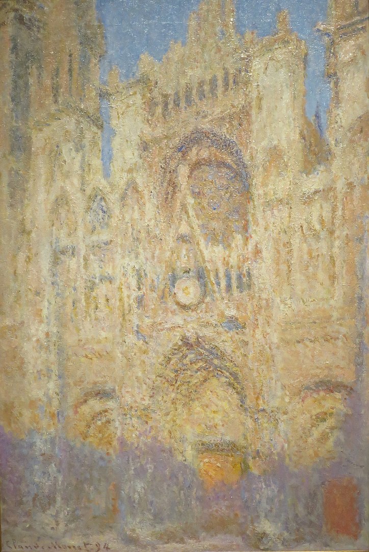 Monet's Rouen Cathedral painting from 1894, soft golden facade in Impressionist style