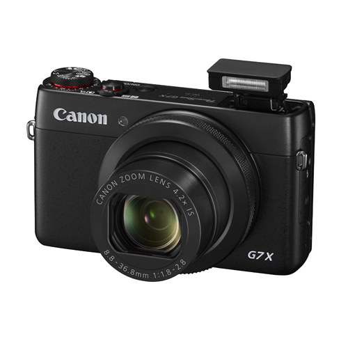 Canon PowerShot G7X Mark II compact camera with pop-up flash, mentioned as underwater housing option