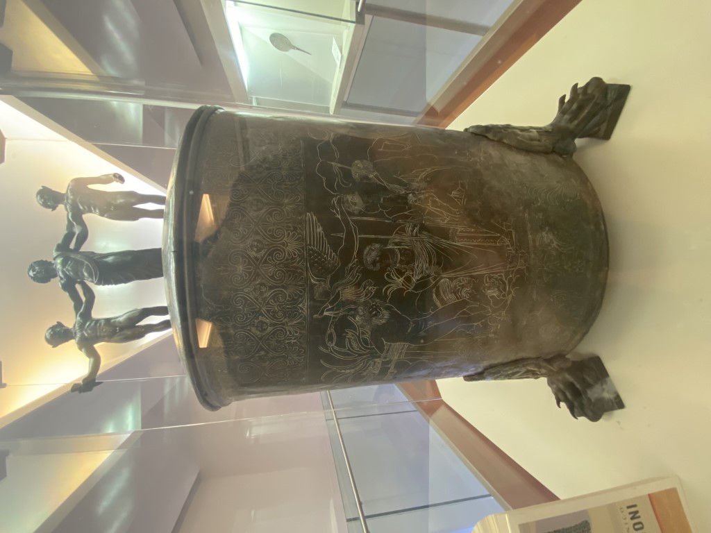 Ficoroni Cista, an engraved Hellenistic bronze container with Three Graces lid, at Villa Giulia Rome