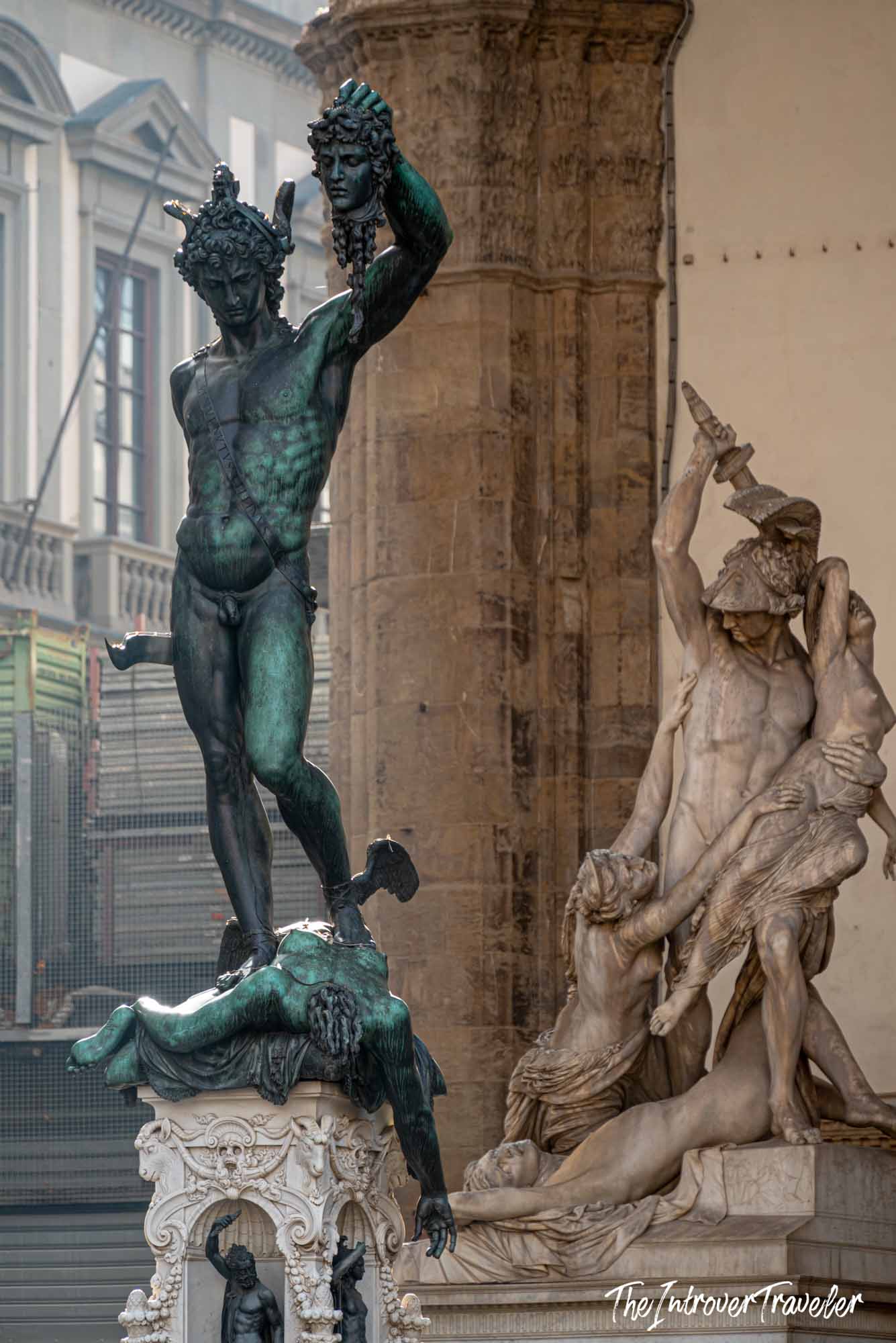 Cellini's bronze Perseus holding Medusa's head, Loggia dei Lanzi, Piazza della Signoria Florence