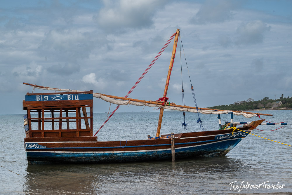 Wooden dhow named Big Blu moored on the calm shores of Mafia Island, Tanzania