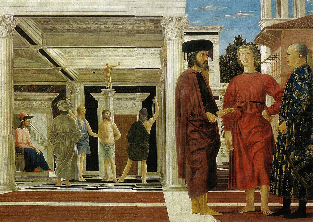 Flagellation of Christ by Piero della Francesca, Renaissance panel painting with figures in classical architecture