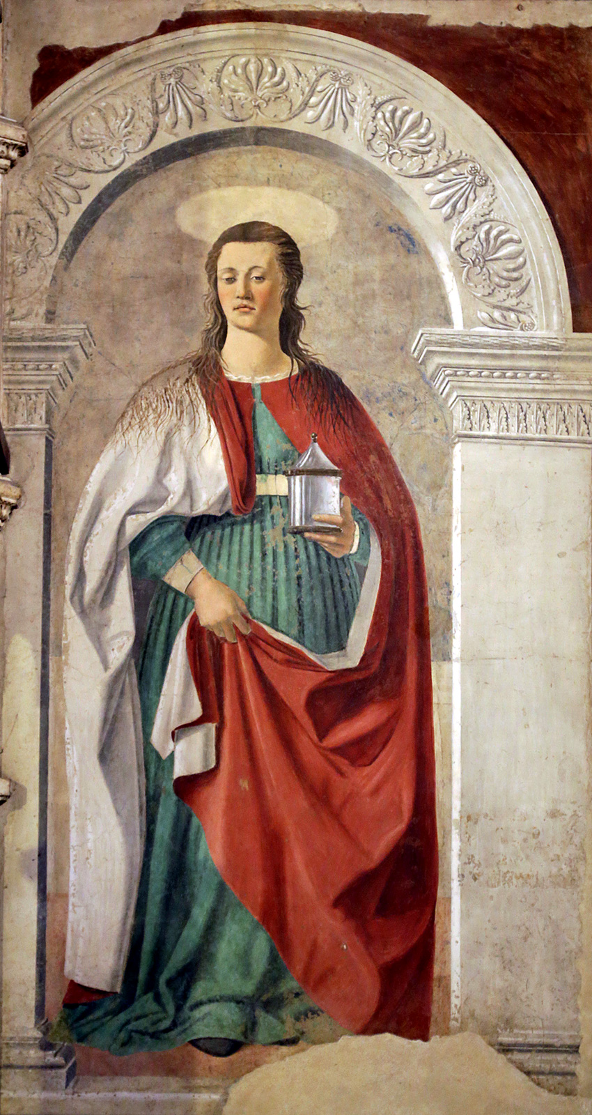 Mary Magdalene fresco by Piero della Francesca, Arezzo cathedral, holding an ointment jar