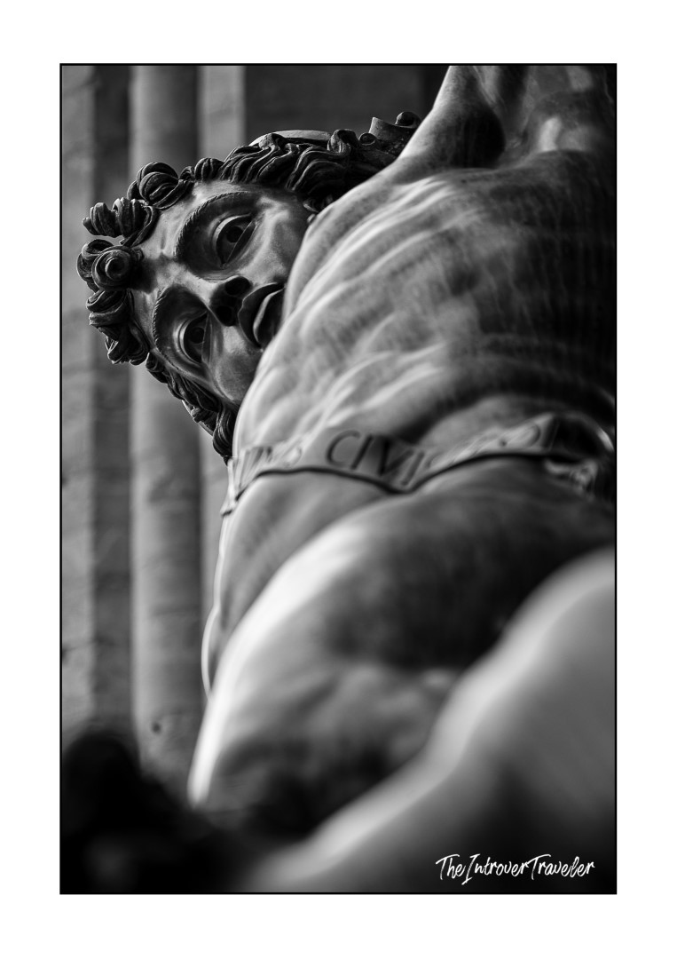 Close-up of Cellini's Perseus bronze head, Piazza della Signoria, Florence, showing Mannerist detail