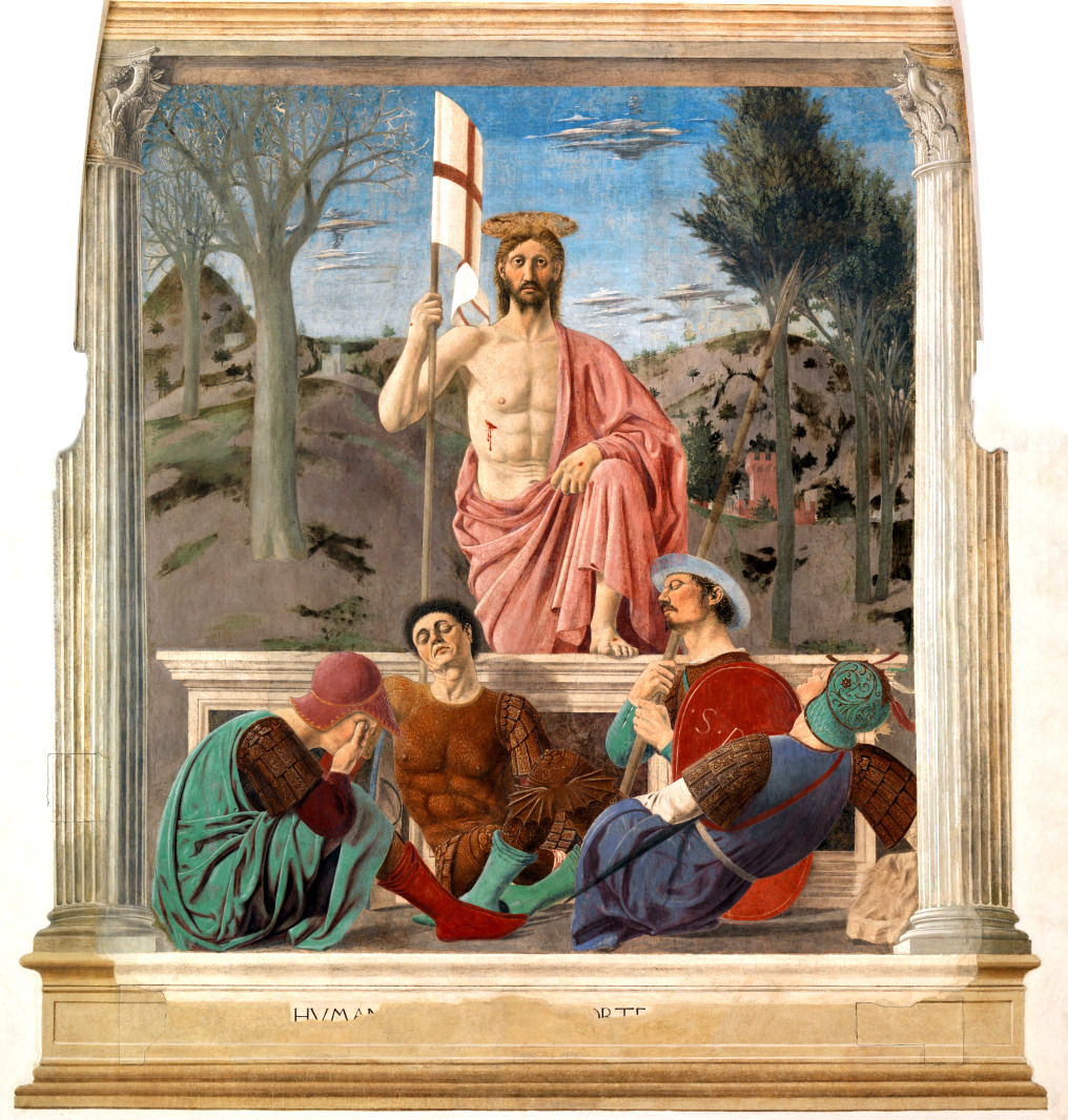 Resurrection by Piero della Francesca, a fresco in Sansepolcro showing the risen Christ over sleeping soldiers