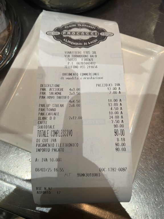 Receipt from Procacci 1885 Florence showing truffle panini and snacks totaling 90 euros