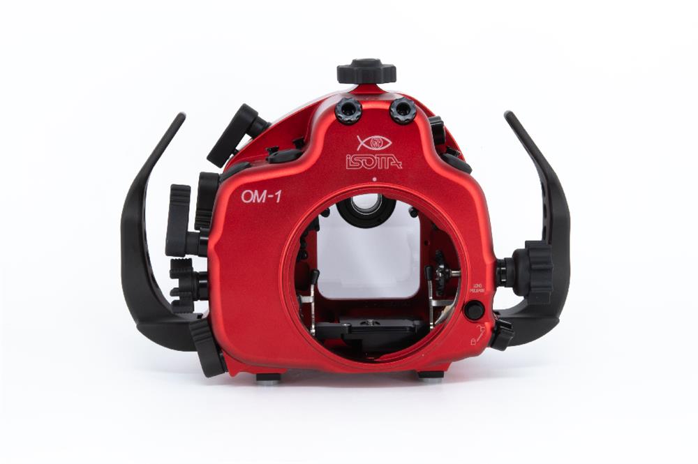 Isotta OM-1 red aluminum underwater camera housing with black ergonomic handles and controls