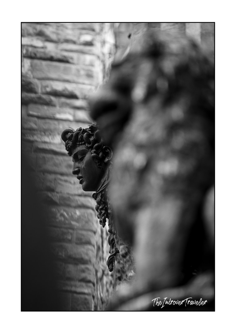Close-up of Medusa's severed head on Cellini's Perseus bronze statue, Piazza della Signoria