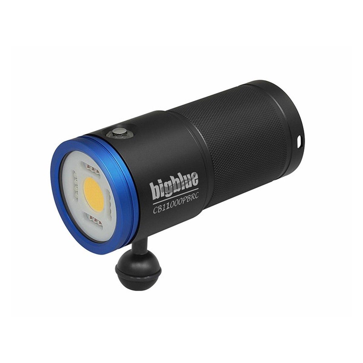 Bigblue CB11000PBRC underwater video light with blue bezel and ball mount attachment