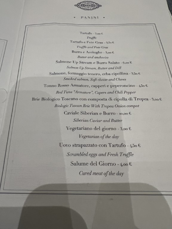Procacci 1885 panini menu listing truffle, caviar, and smoked salmon options with prices in euros