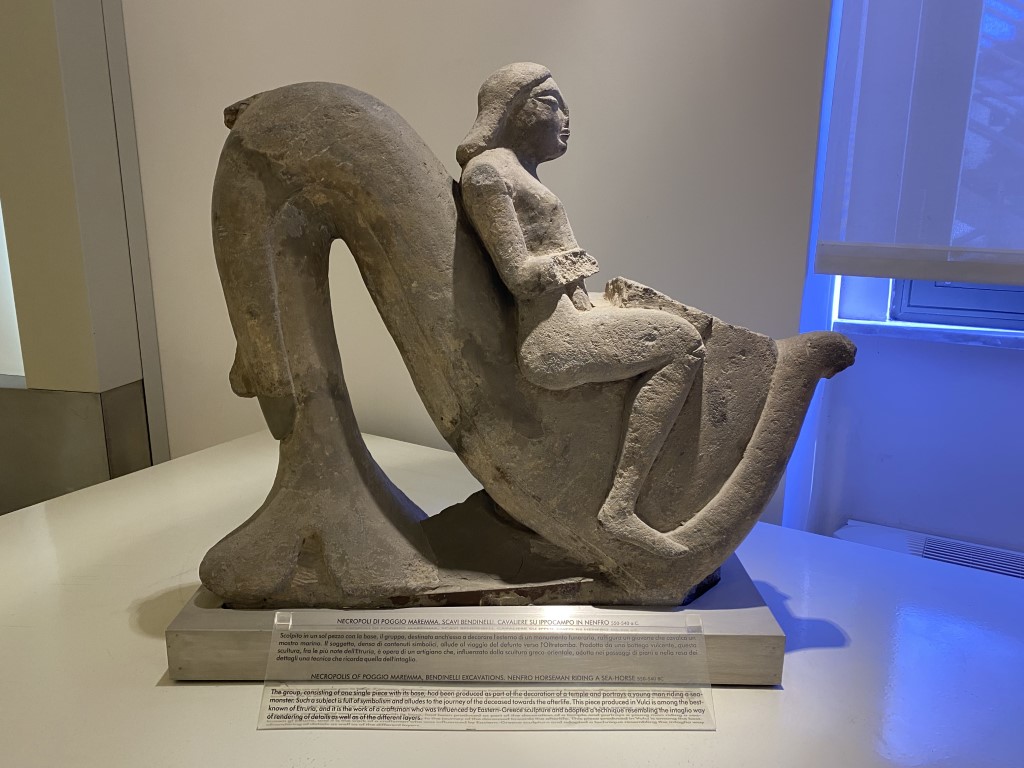 Etruscan nenfro sculpture of a horseman riding a sea monster, Necropolis of Poggio Maremma, Villa Giulia Rome