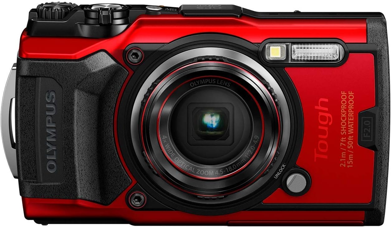 Olympus Tough waterproof compact camera in red, rated 50ft underwater for travel photography