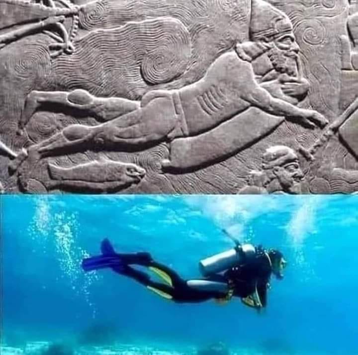 Assyrian bas-relief of warrior with air bag beside modern scuba diver, comparing ancient and current diving