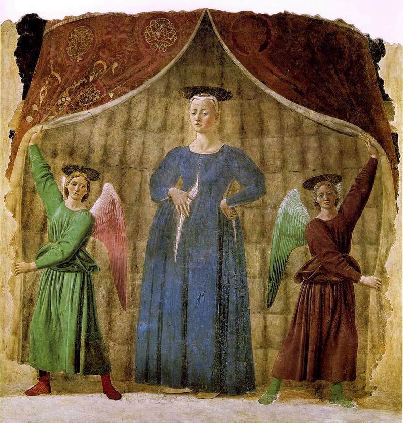 Madonna del Parto by Piero della Francesca, fresco showing pregnant Virgin flanked by two angels