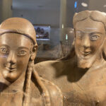 Close-up of the Sarcophagus of the Spouses terracotta faces, Villa Giulia Etruscan Museum, Rome
