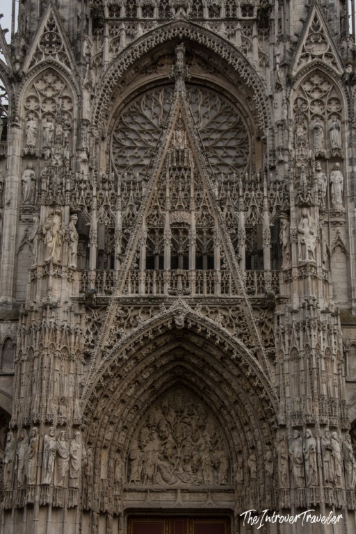Ornate Gothic portal and facade of Rouen Cathedral, a landmark of Normandy, France