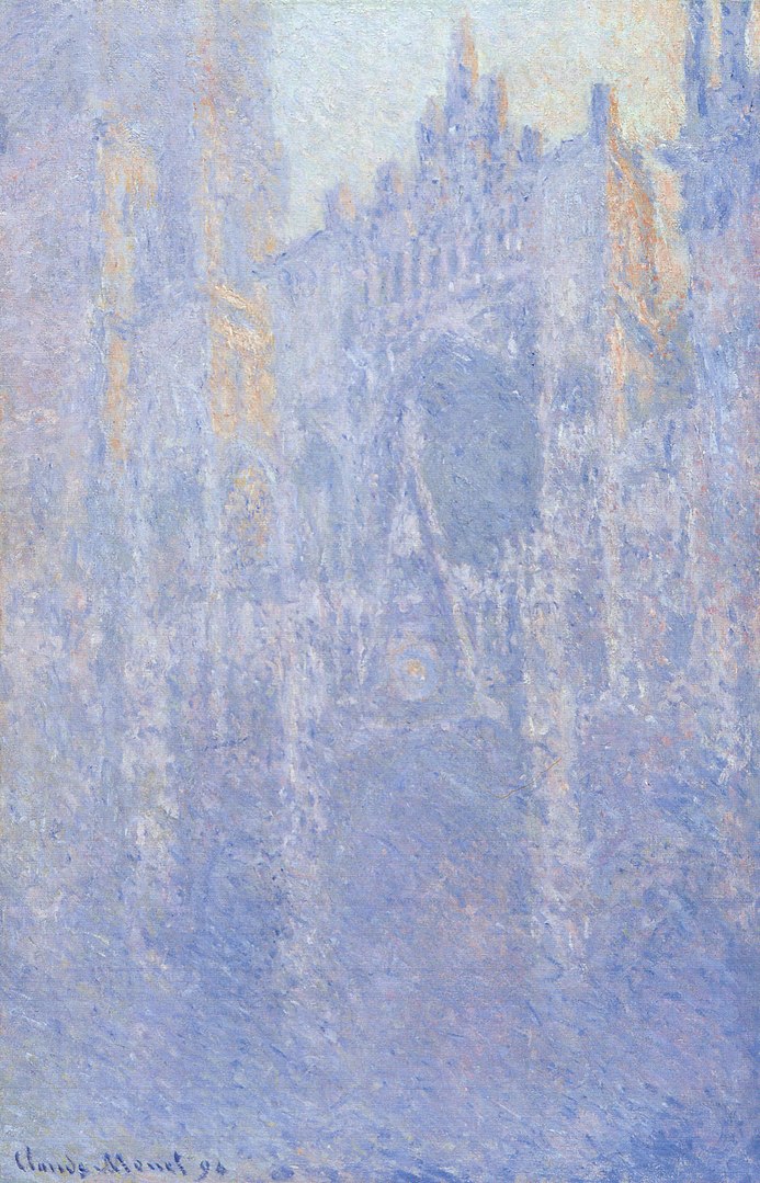 Monet's Rouen Cathedral in morning fog, impressionist painting from his famous 1890s series
