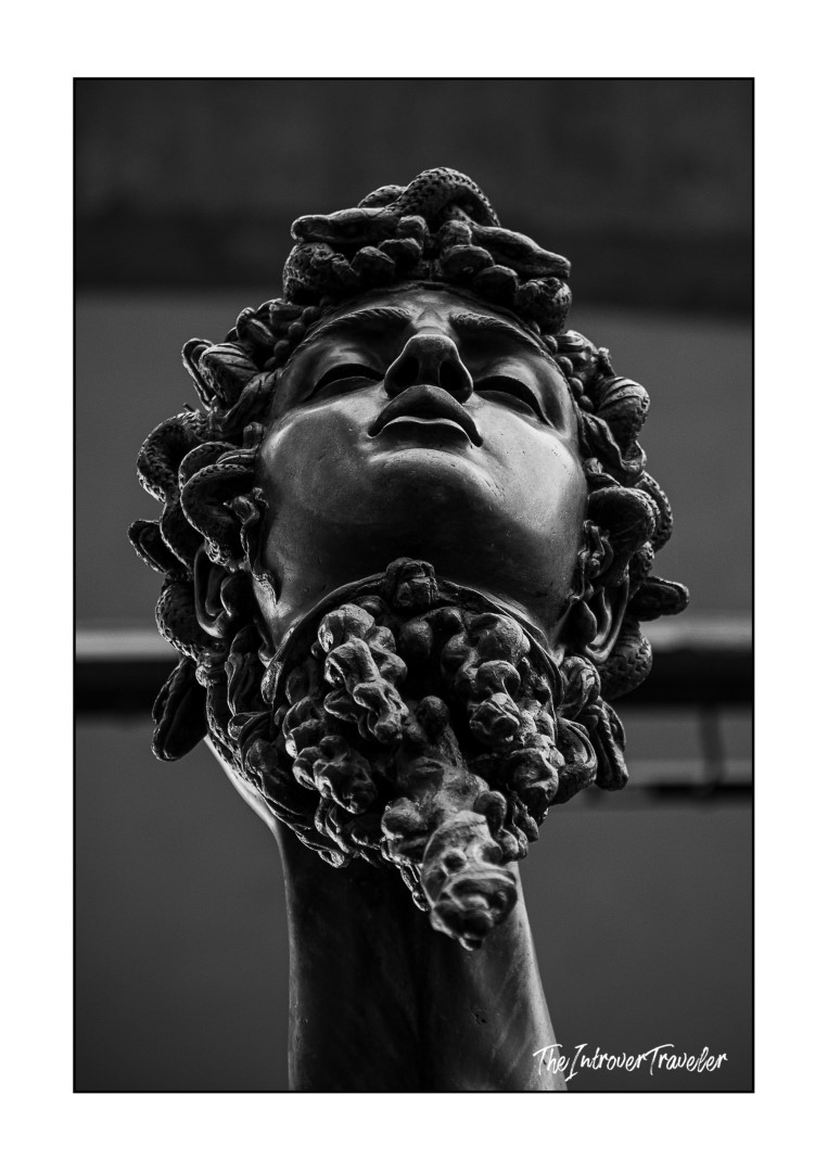 Close-up of Medusa's severed head from Cellini's bronze Perseus, Piazza della Signoria, Florence