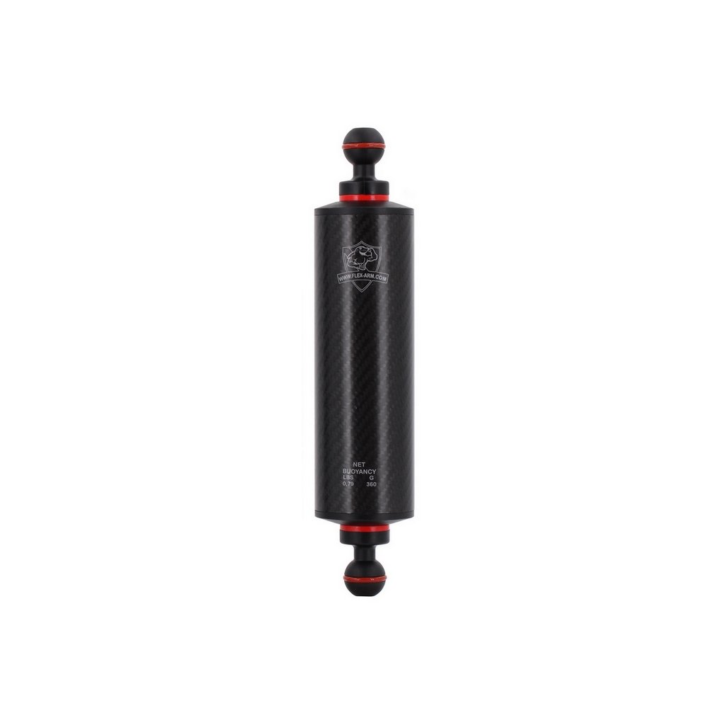 Flex-Arm carbon fiber buoyancy arm with ball joints and red rings for underwater camera rigs