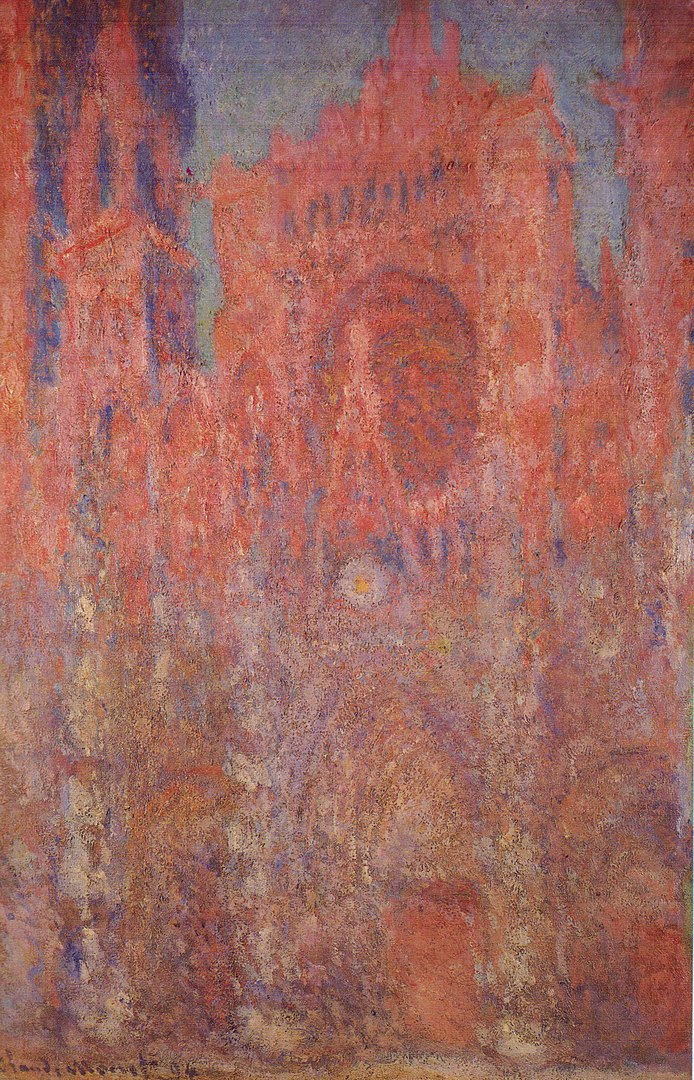 Rouen Cathedral at sunset by Claude Monet, impressionist facade in warm red and violet tones