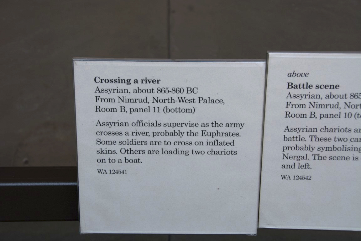 Museum label for "Crossing a River," Assyrian relief WA124541, Nimrud North-West Palace, 865-860 BC