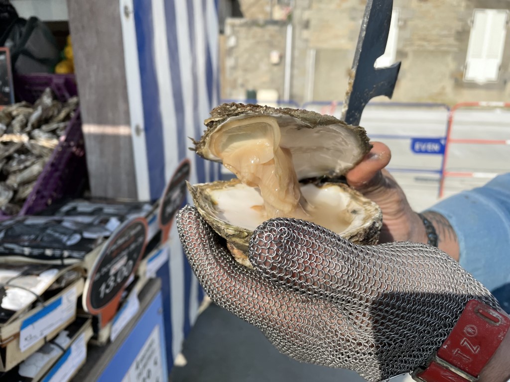 Freshly shucked Cancale oyster held in a metal glove at a Brittany seafood market stall
